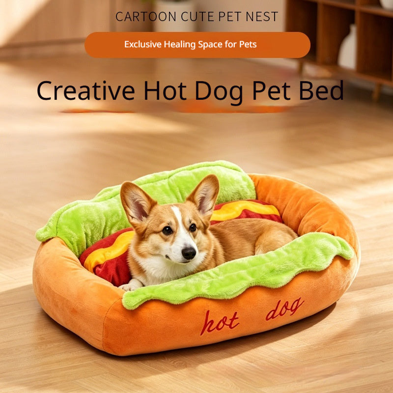 Cama con forma de perrito caliente para perros - divertida y cálida